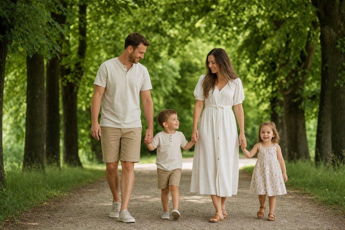 image 11 Family moving through a shaded summer park path with simple prompts and clean background depth