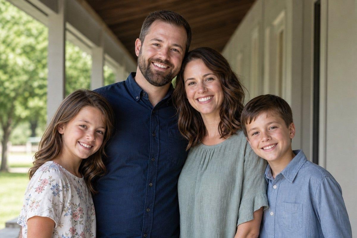 Outdoor family portrait in open shade with soft face light and clean background depth