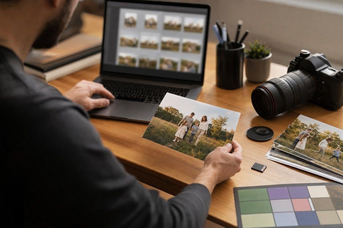 Photographer editing an outdoor family gallery with attention to skin tone and color consistency