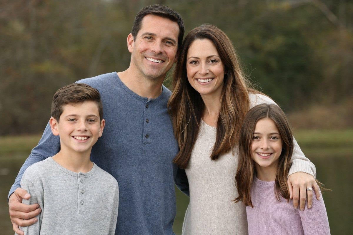 Outdoor family portrait with clean background, no branches through heads, and controlled frame edges