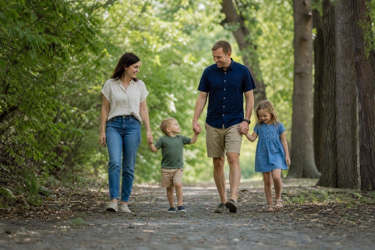 Family photo session planned around children's energy with walking space and soft outdoor shade