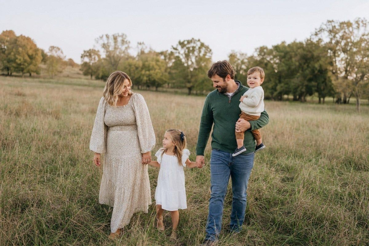 Outdoor family session in a field with soft movement and warm natural light