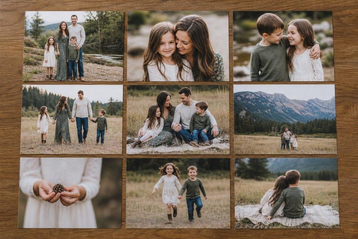 Outdoor family gallery layout showing full-family, parent-child, sibling, movement, detail, and wide story frames