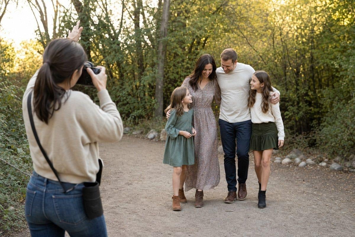 Photographer guiding a family with simple movement prompts during an outdoor session