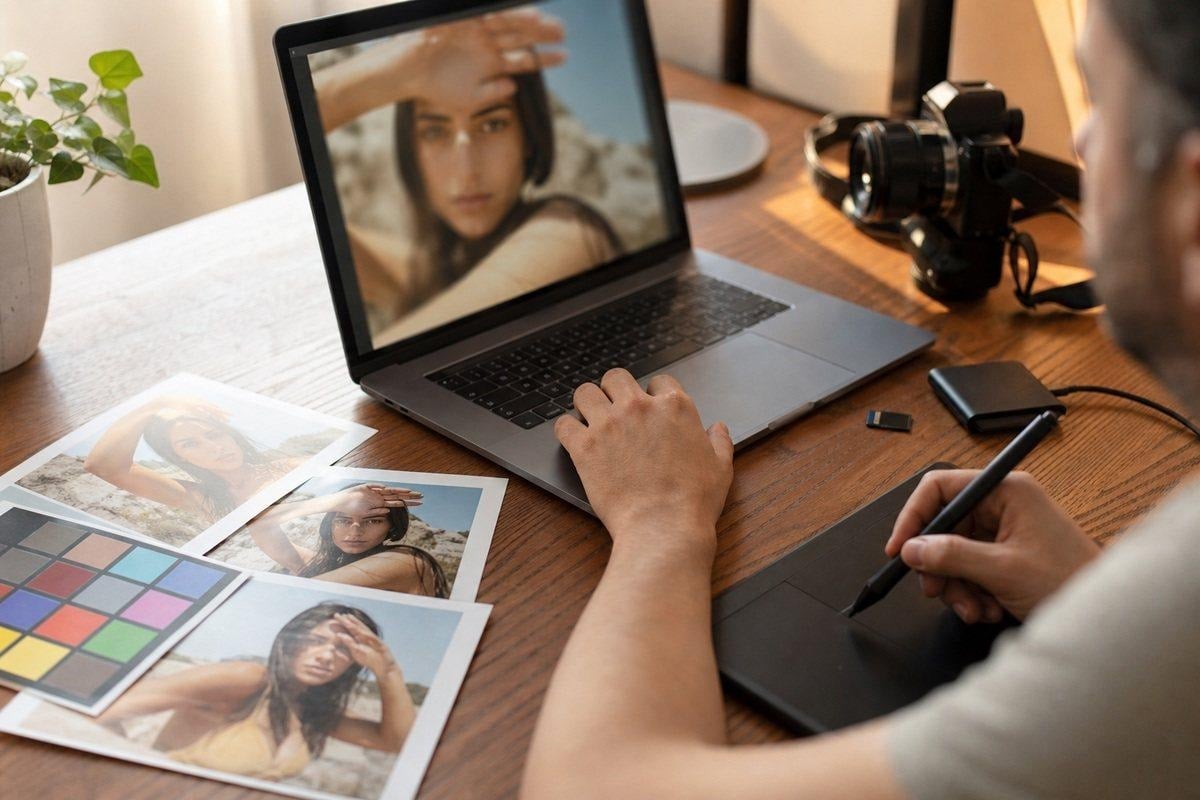 Photographer editing harsh sunlight portraits with highlight control, skin tone, and color consistency decisions