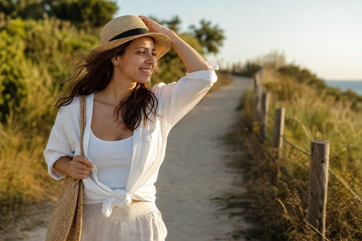 image 5 Relaxed summer portrait with a natural hat gesture and short posing direction in warm outdoor light