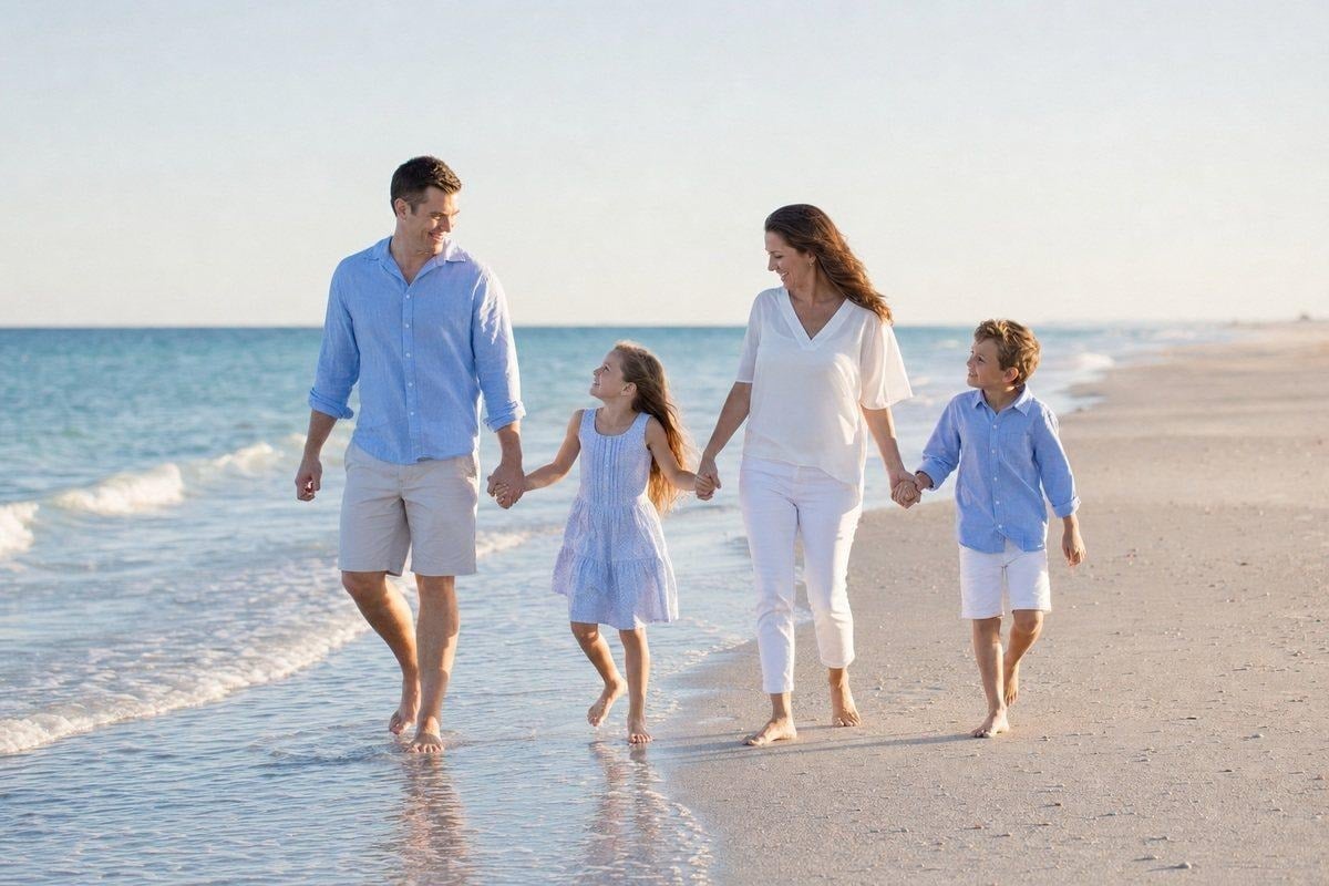 image 8 Family walking along a quiet summer beach with clean horizon and natural movement