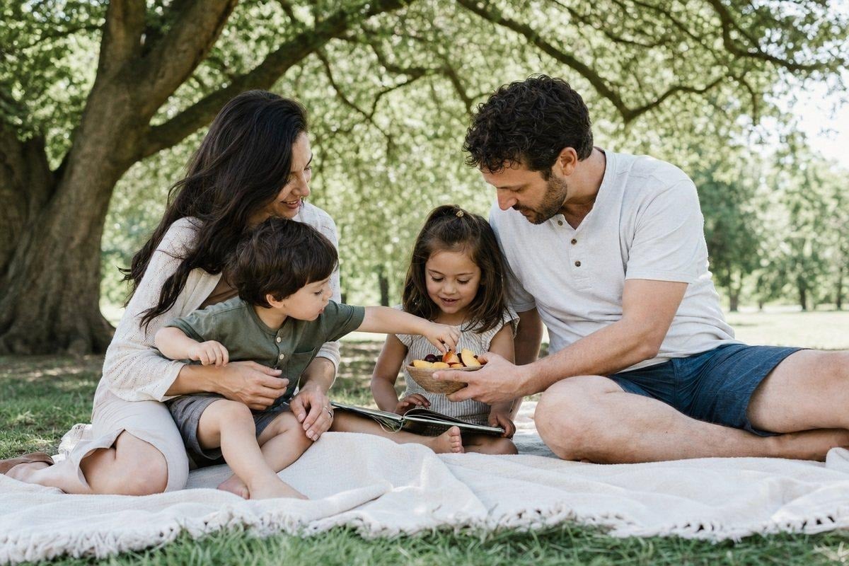 image 9 Summer family picnic session with a neutral blanket, soft light, and natural interaction