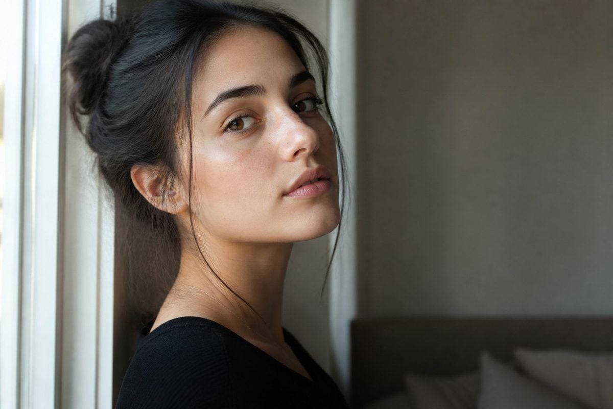 Indoor window-light portrait with face turned for shape and readable eyes