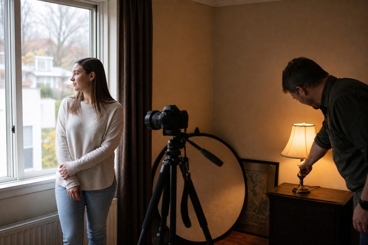 Photographer turning off warm lamps to clean mixed indoor portrait light
