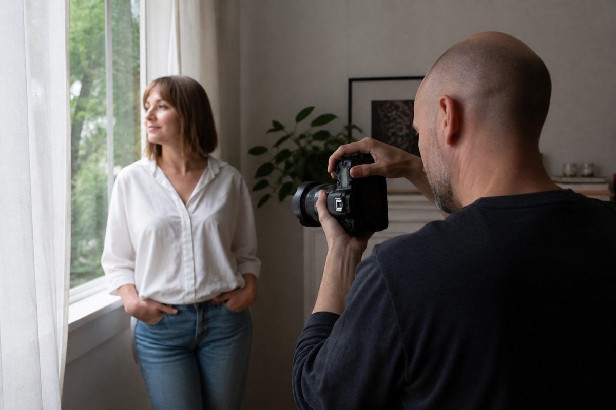 Photographer adjusting indoor portrait camera settings near a bright window