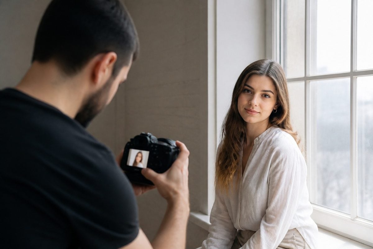 Photographer checking skin exposure for an indoor window-light portrait