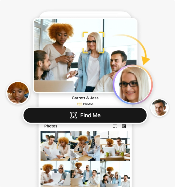 instant app find me guest groups Recurso Find Me do Evoto Instant agrupando convidados por reconhecimento facial