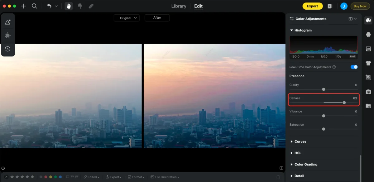 Como fazer dehaze em foto: paisagem com névoa antes e depois do ajuste