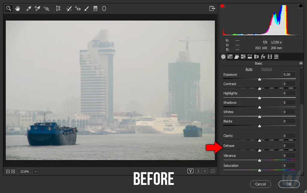 Slider de dehaze no Camera Raw do Photoshop para fazer dehaze em foto