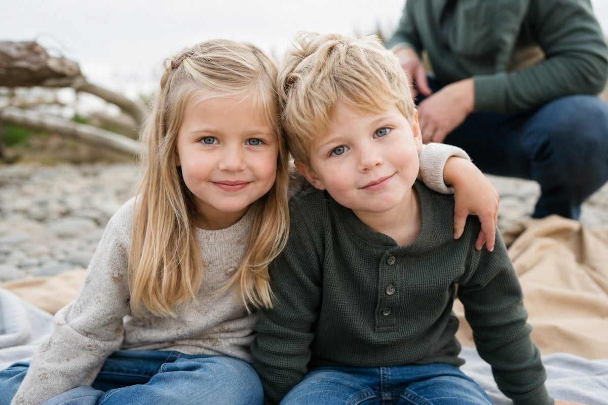 sibling child photography pose Sibling photo pose with two children sitting close together in soft outdoor light
