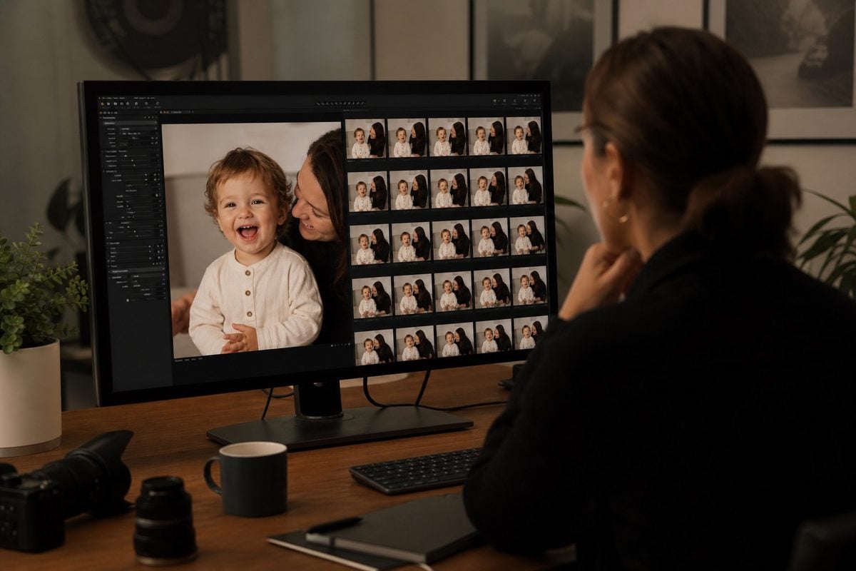toddler culling workflow Photographer culling toddler photo session with many near-duplicate movement frames