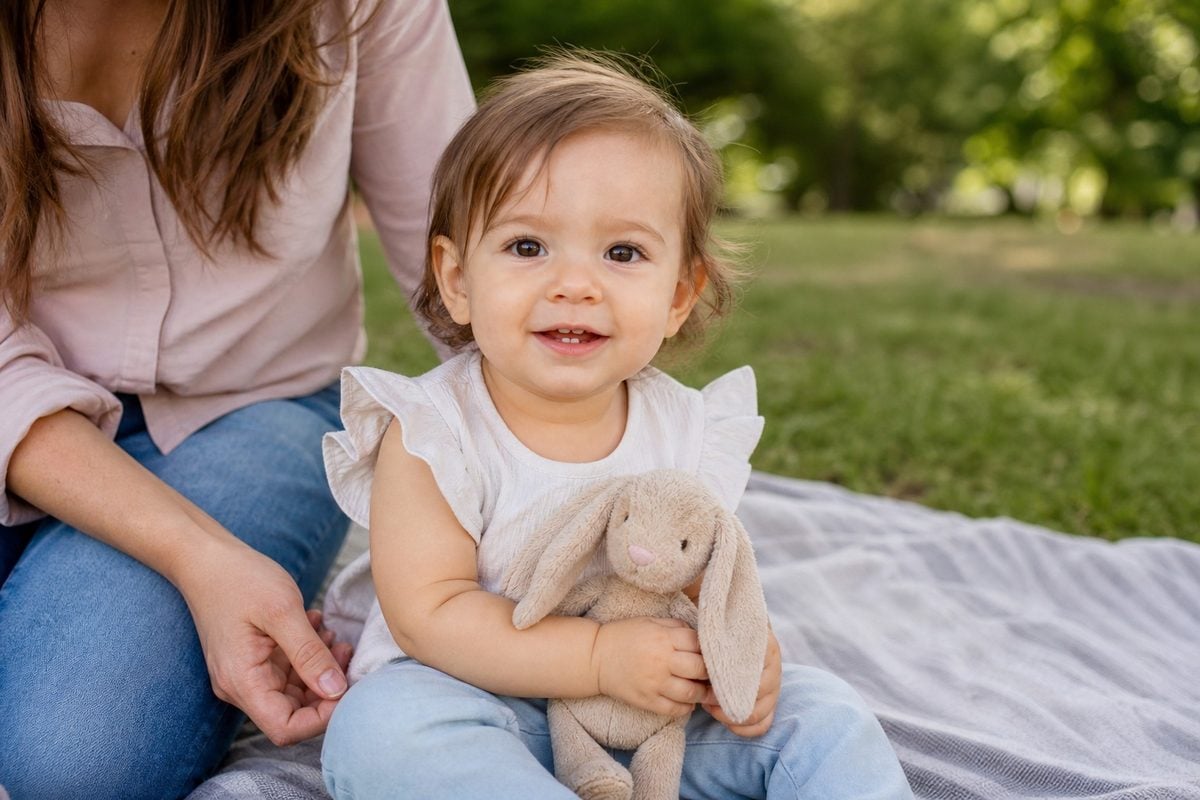 toddler familiar toy pose Toddler holding a small familiar toy during a natural portrait pose