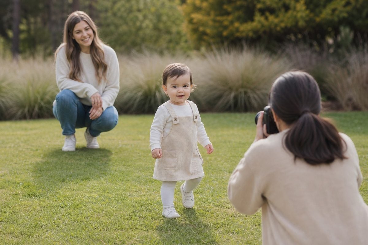 toddler safe movement zone Toddler moving safely inside a controlled photo zone with parent nearby