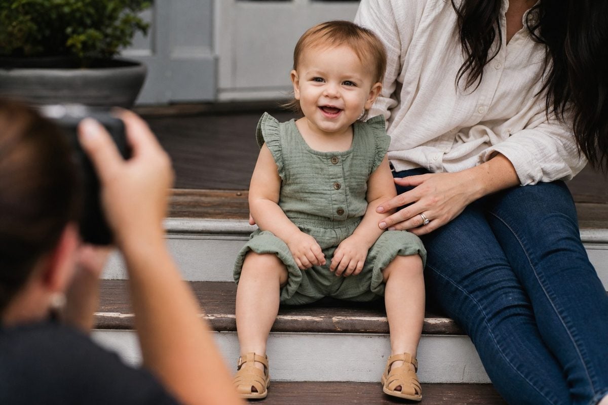 toddler sitting pose steps Toddler sitting on porch steps for a natural child portrait pose