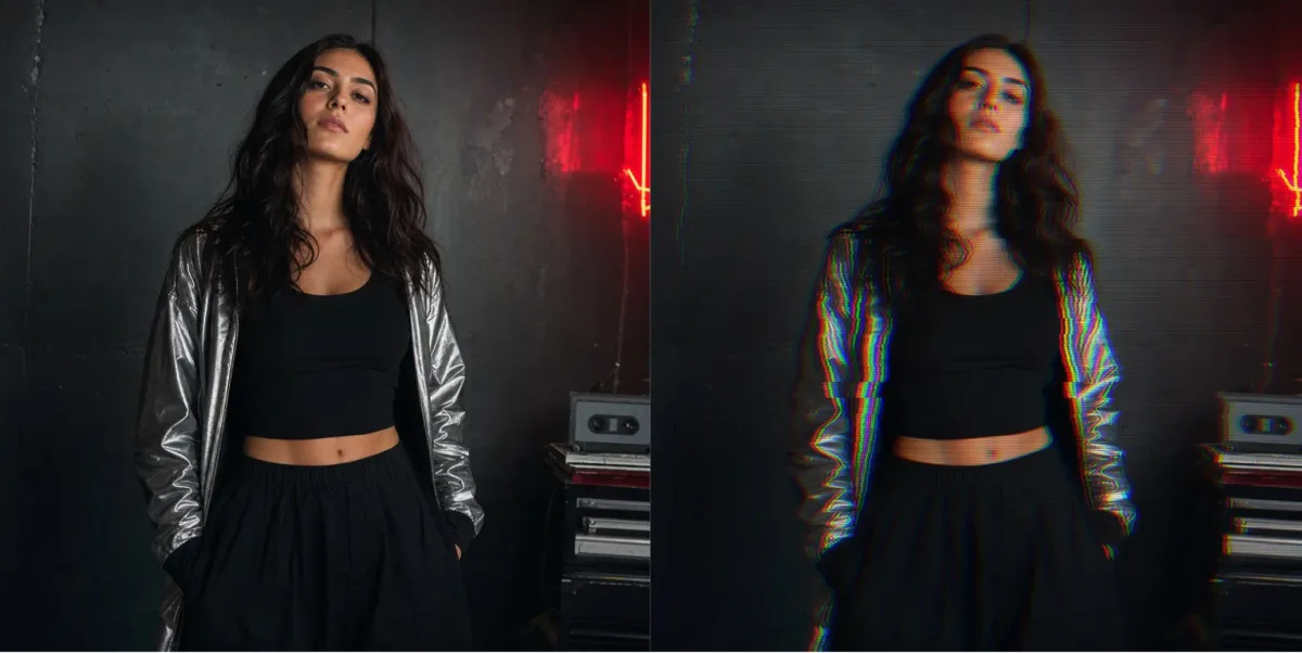 vhs effect 3 Before and after comparison of a VHS photo effect applied to an album cover portrait