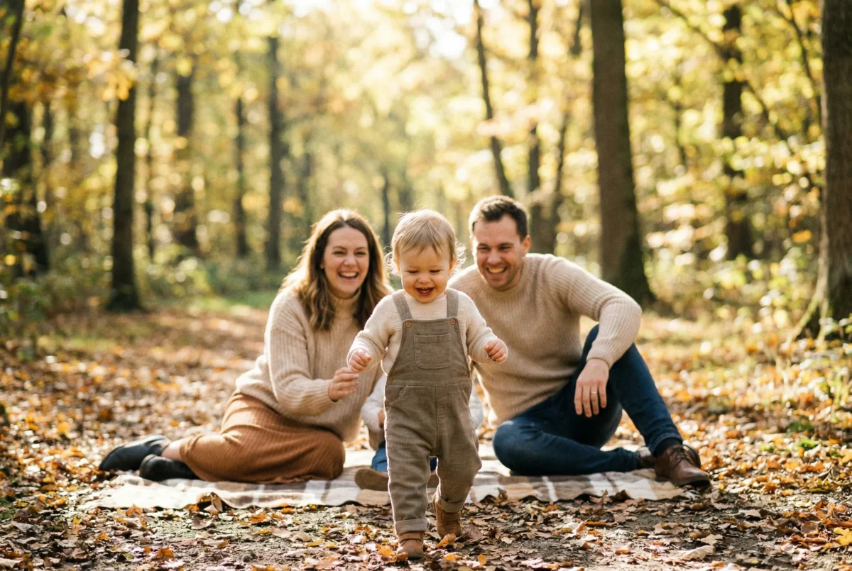 Família rindo de forma espontânea durante ensaio fotográfico