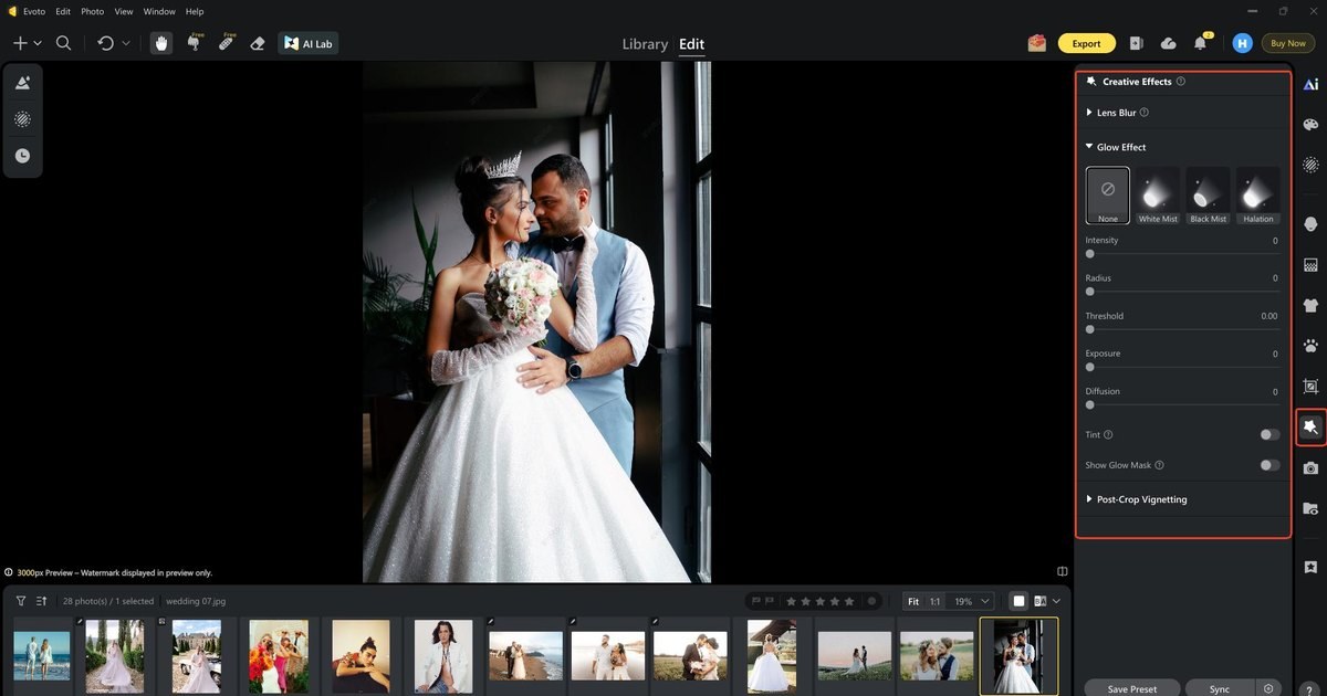 Evoto Creative Effects Glow Effect panel for wedding delivery