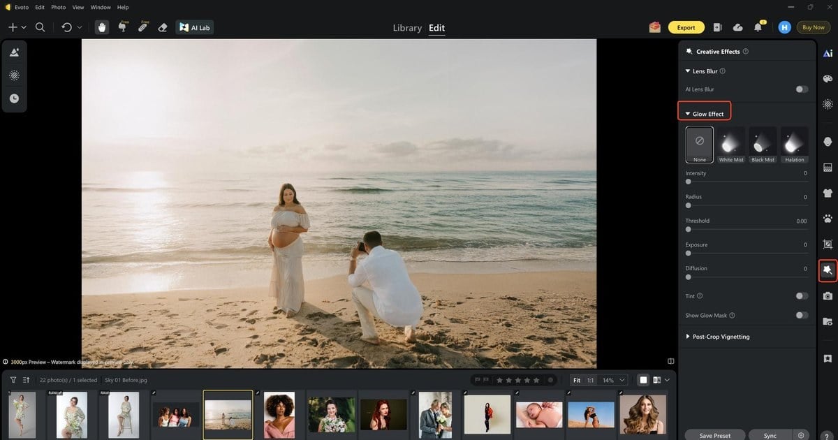 Evoto Glow Effect panel after Lightroom grade