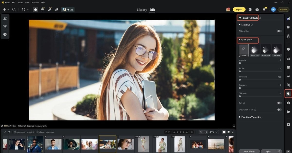 Evoto open Creative Effects Glow Effect panel