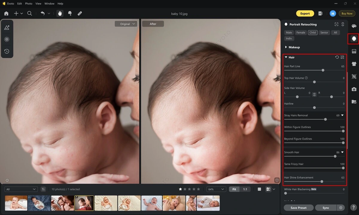 Retoque de cabelo de bebê em foto para visual limpo e alinhado