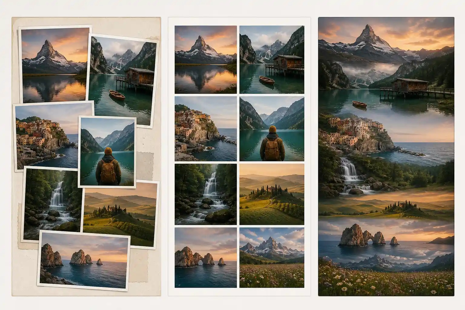 Comparação entre os modos Collage, Layout e Stitch do Evoto