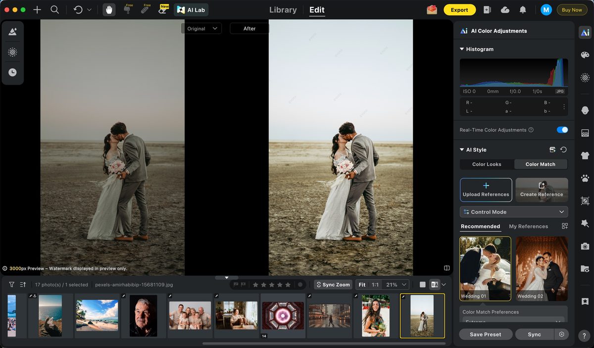 igualación de color en fotografía de bodas íntimas
