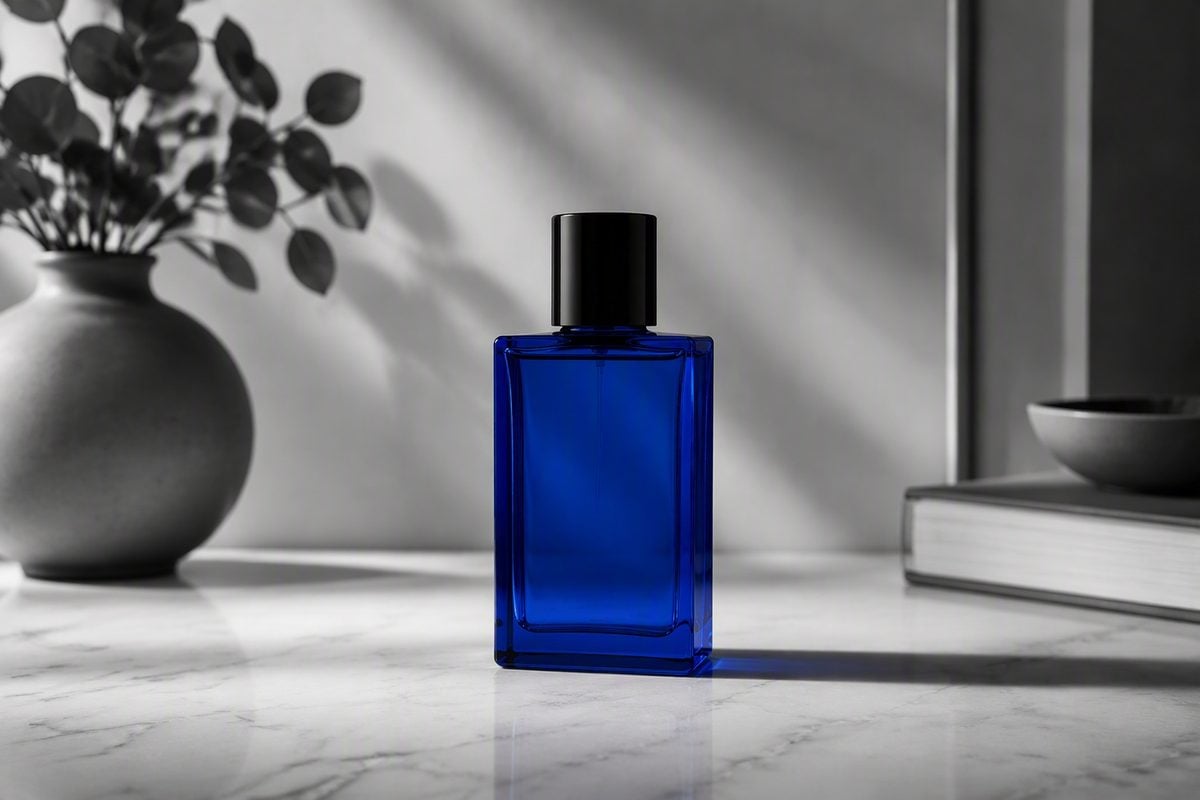 Product color splash with a blue bottle kept in color against a black-and-white studio set