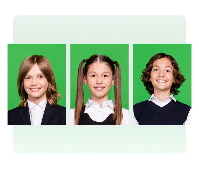 Três retratos escolares com enquadramento e fundo padronizados para a grade do anuário