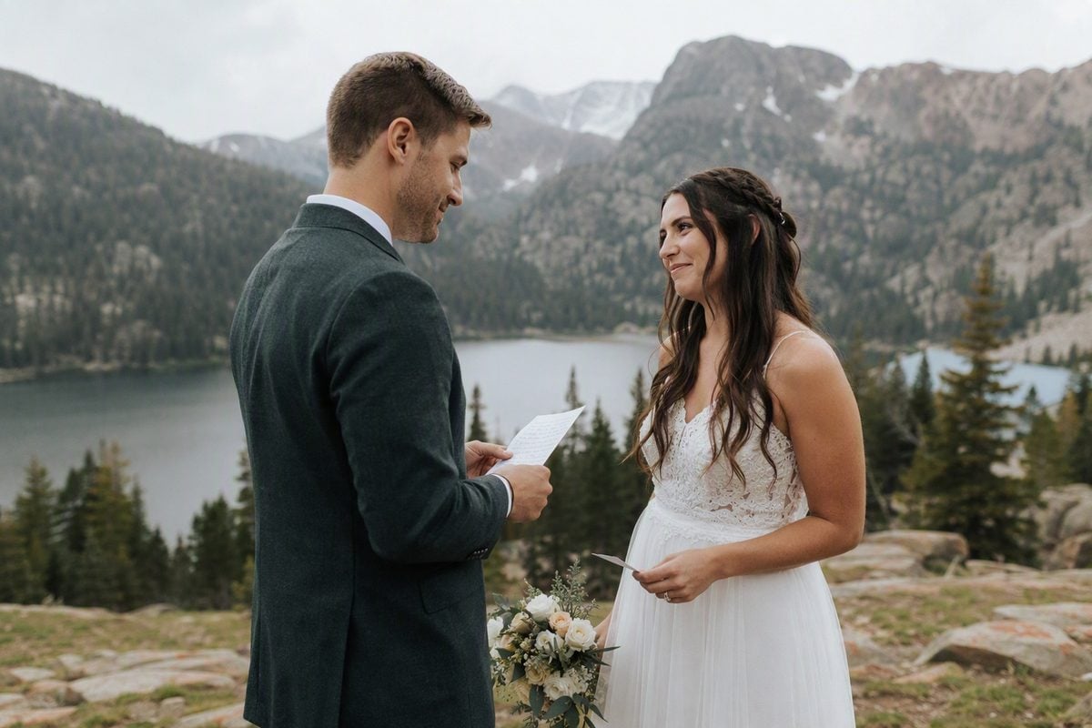 Pareja intercambiando votos privados durante una ceremonia íntima de montaña, con los rostros bien iluminados