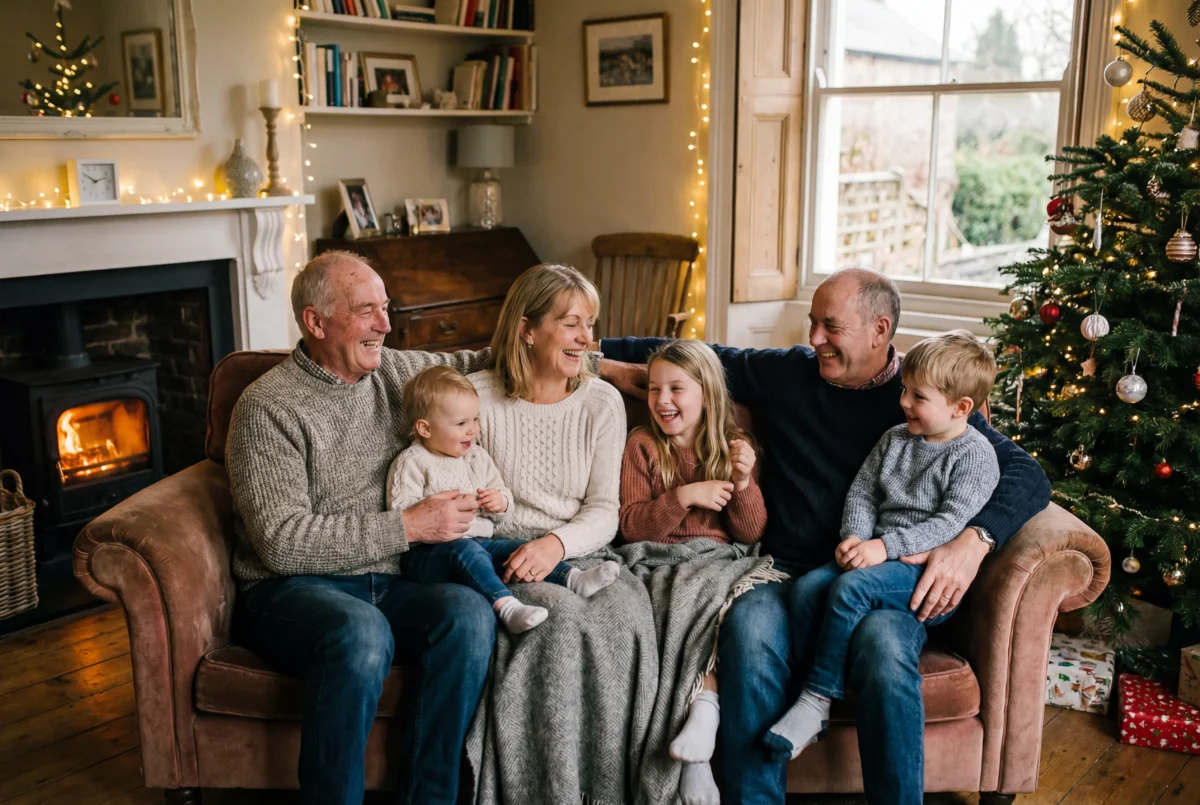 Fotografia de família em ambiente interno com luz de janela