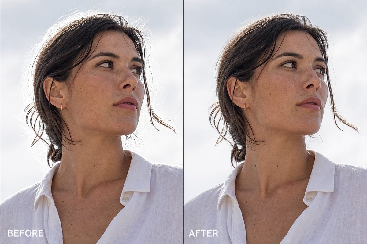 Before and after portrait showing a soft original next to a restrained Photoshop sharpening result with clearer hair and eye edges
