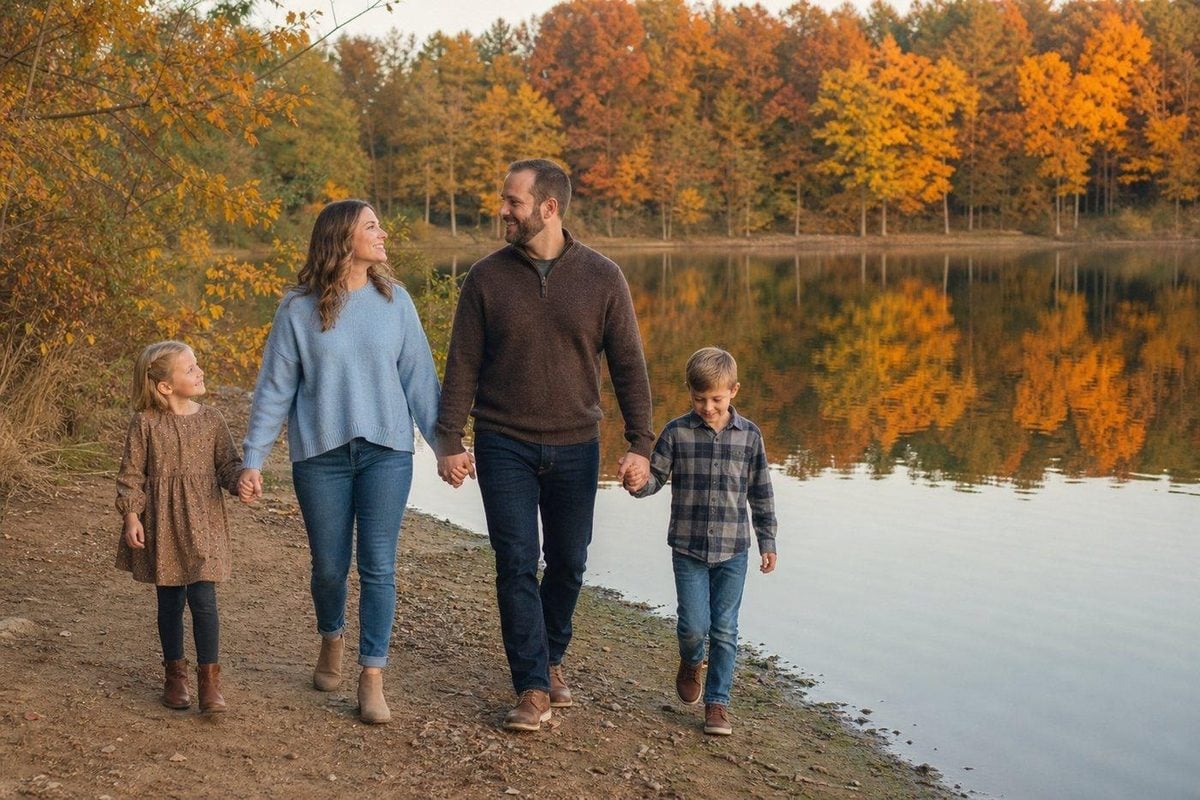 Family walking a quiet lake edge with autumn trees reflecting in the water