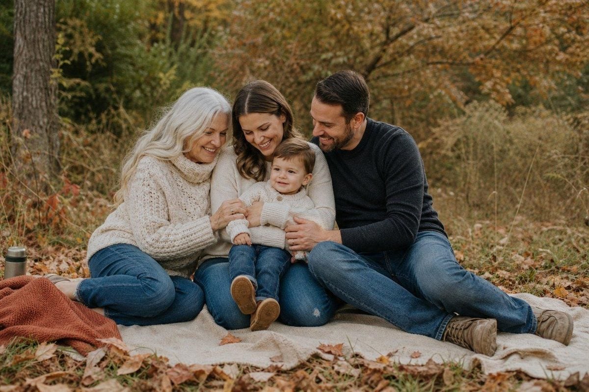 Multi-generational family sitting close on a cream blanket in an autumn clearing