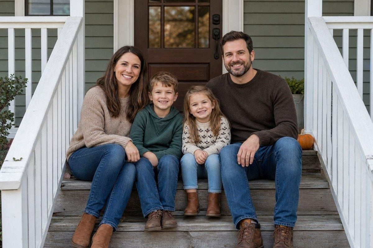Family sitting on front porch steps in knits and boots, with one small pumpkin as a seasonal cue