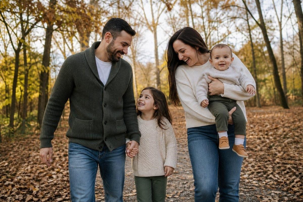 Family walking close together on an autumn path after a short prompt, looking at each other instead of freezing in a lineup