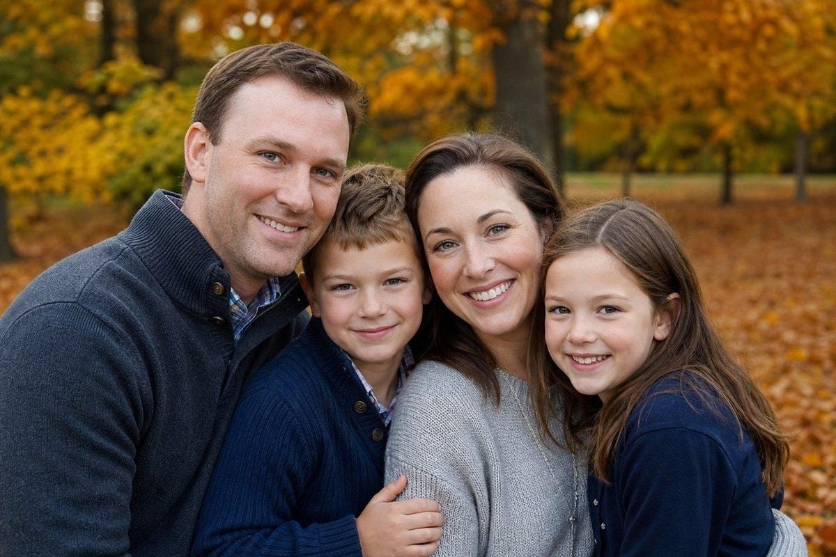 Fall family gallery with natural skin tones and autumn color in the background, not orange faces