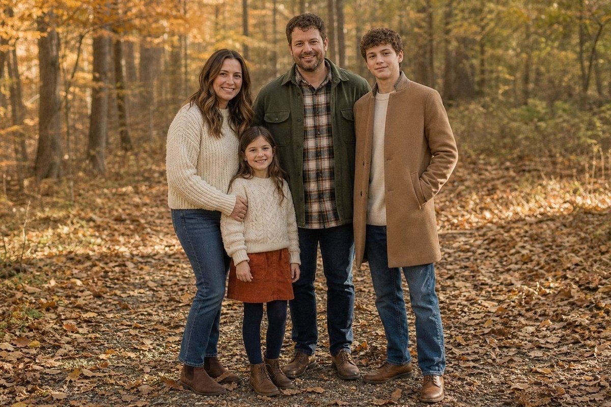 Coordinated fall family outfits in cream, olive, camel, rust, and denim, with texture instead of matching costumes