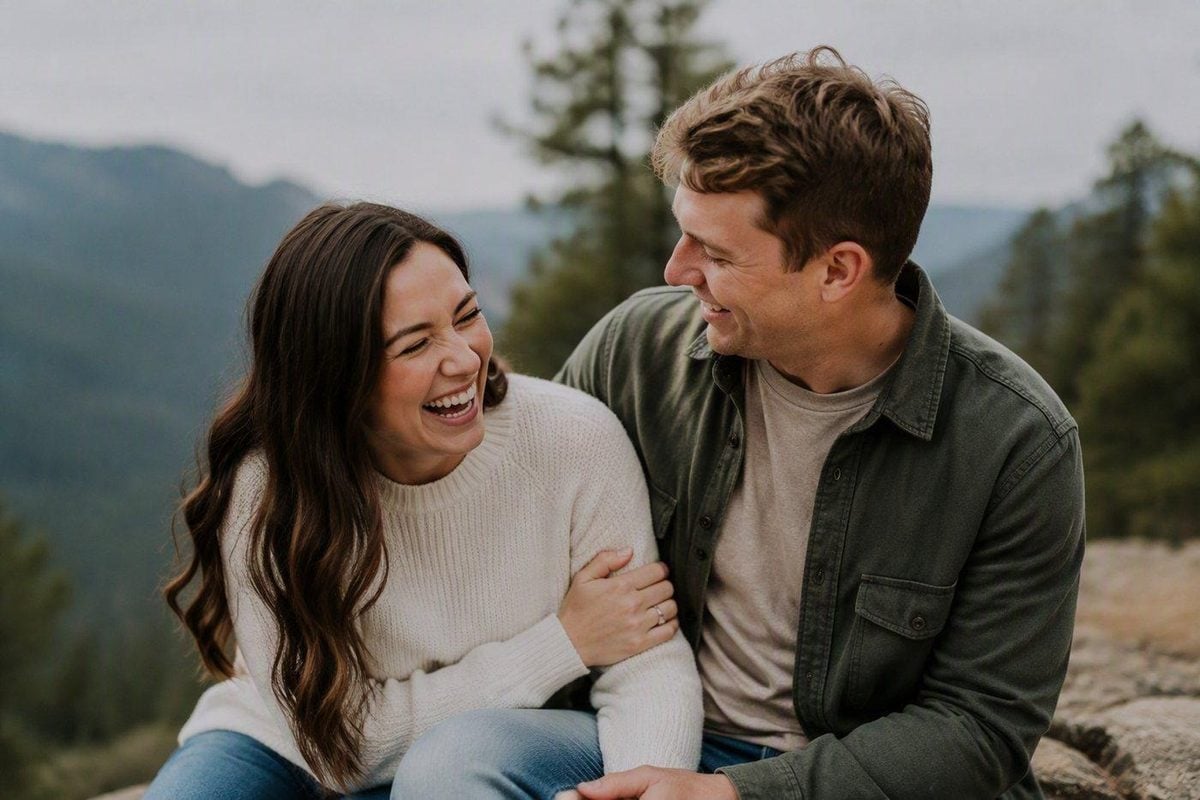 Engaged couple laughing during a short prompt instead of holding a rigid pose