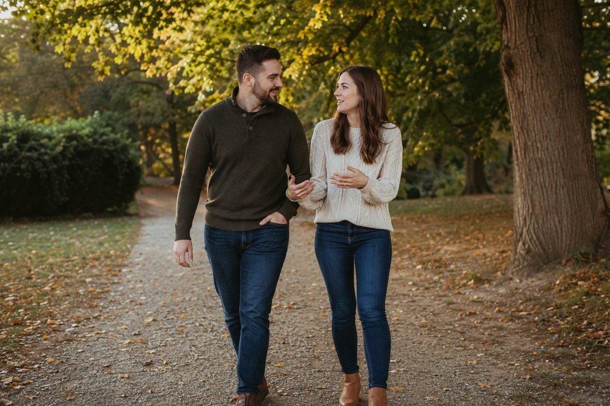 Engaged couple walking and talking during the warm-up block of an outdoor engagement session