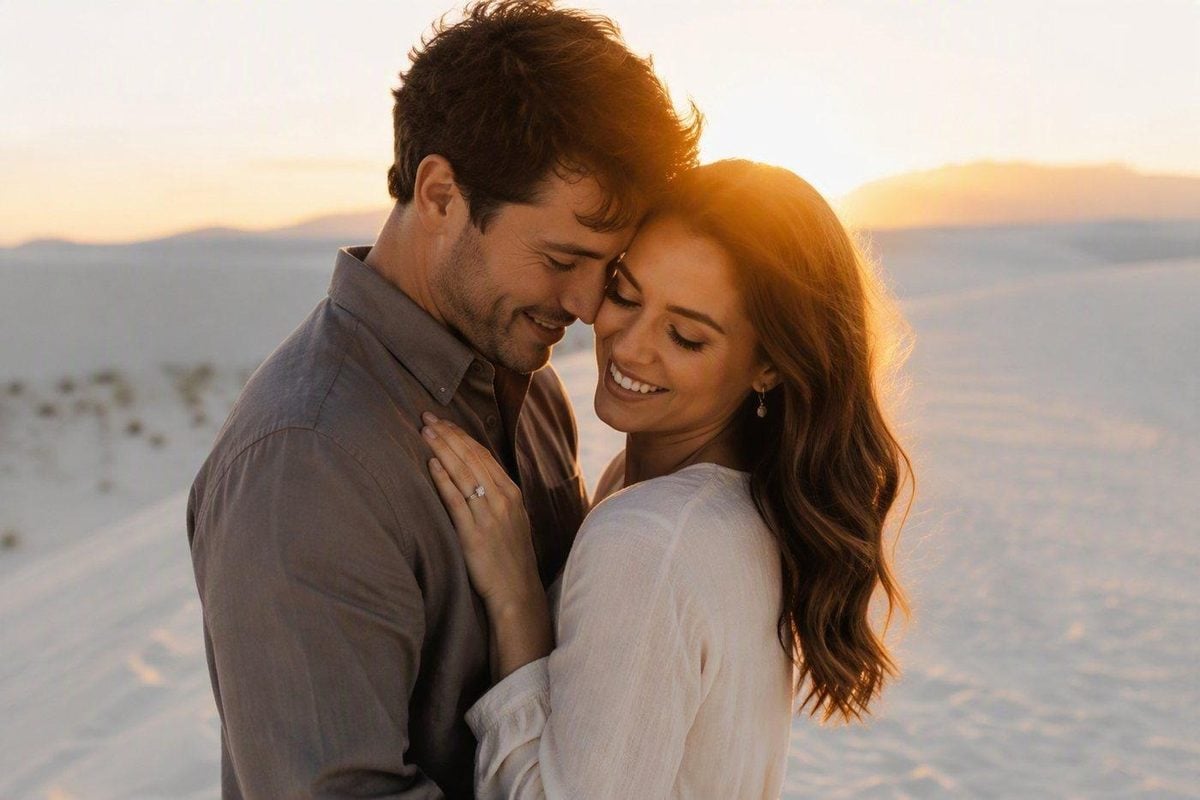 Backlit engagement portrait with warm rim light and faces still readable, not silhouetted