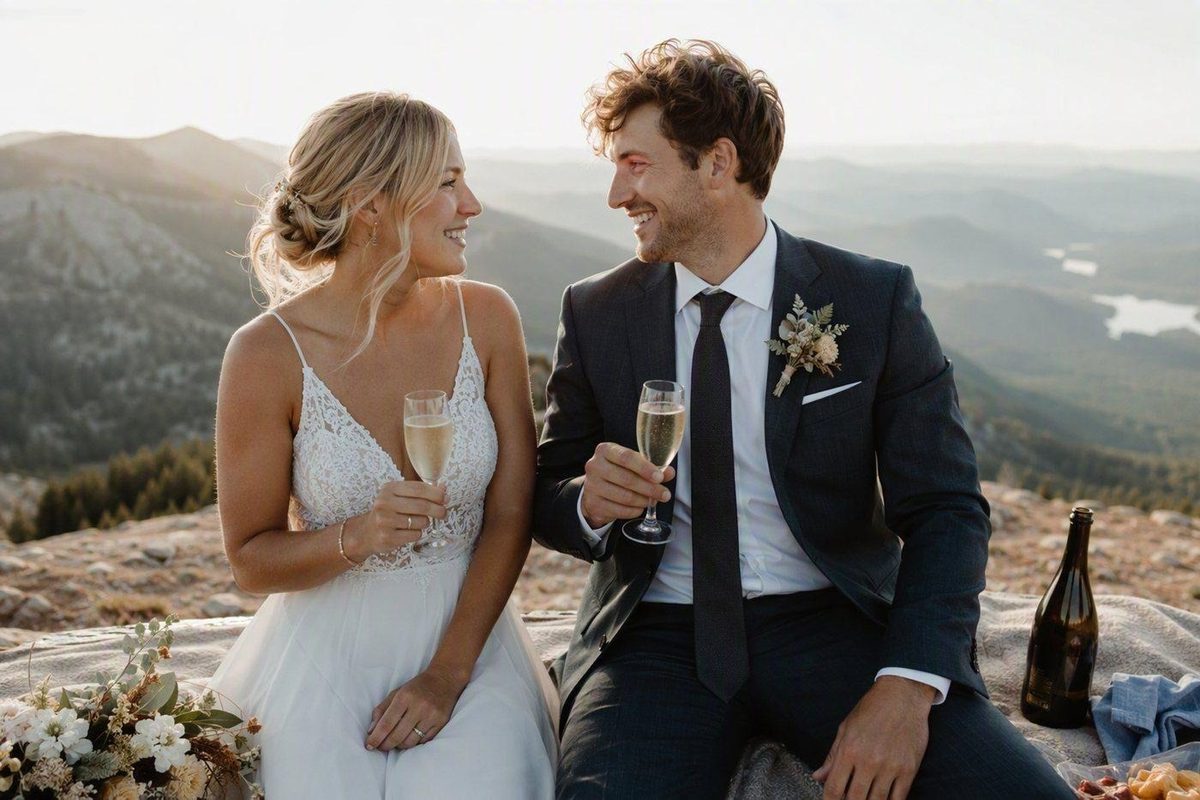 Pareja en una boda íntima brindando en silencio tras la ceremonia, con un valle al fondo