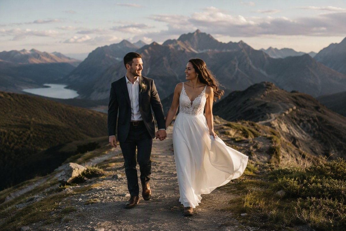 Pareja de boda íntima caminando por una cresta durante una indicación breve de movimiento, con montañas al fondo
