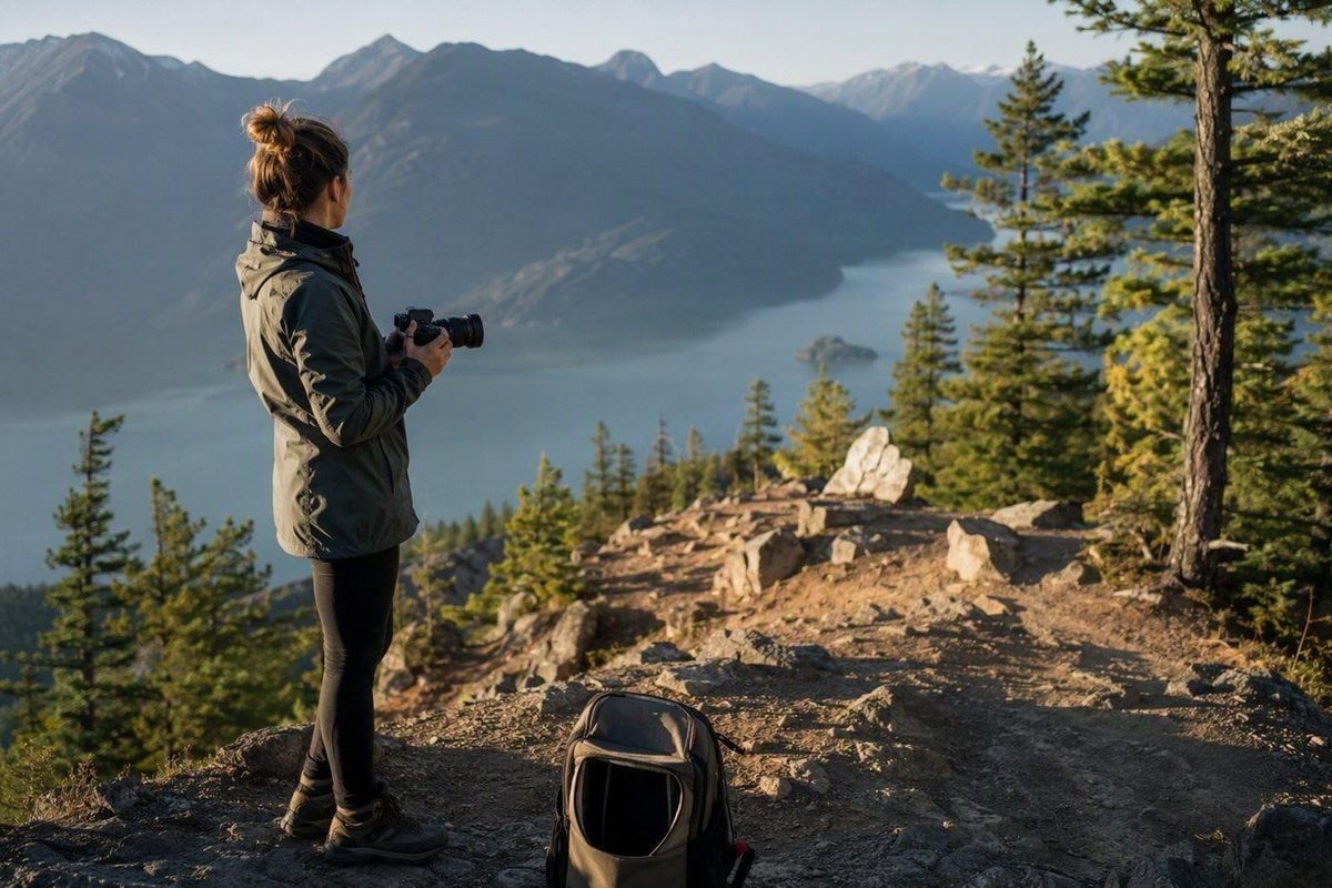 Fotógrafo de boda íntima revisando un mirador de montaña y la luz de última hora antes de la ceremonia