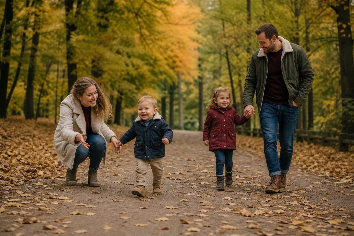 Family session planned around kids’ energy on a quiet autumn path with space to walk and reset